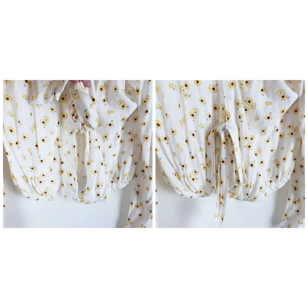Free People Sunflower Tie-Front Peasant Top Womens L White Floral Cropped Flare